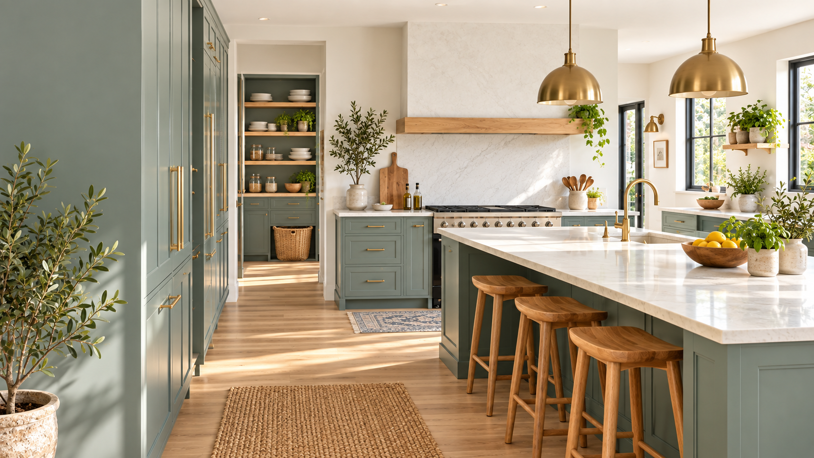 Functional contemporary kitchen with deep green cabinetry, island, pantry storage, and natural morning light